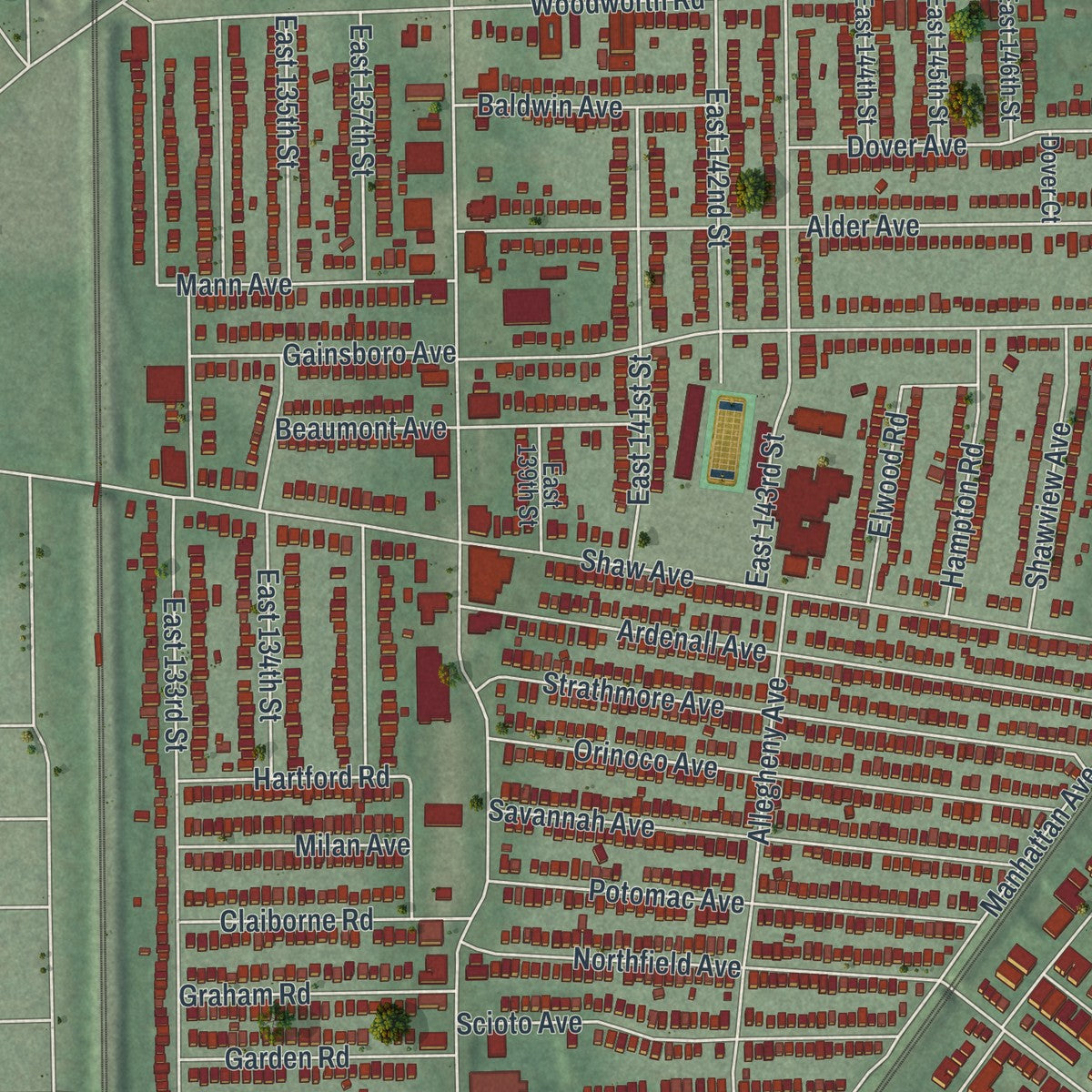 Close-up of the map of East Cleveland, Ohio print showing street and building detail