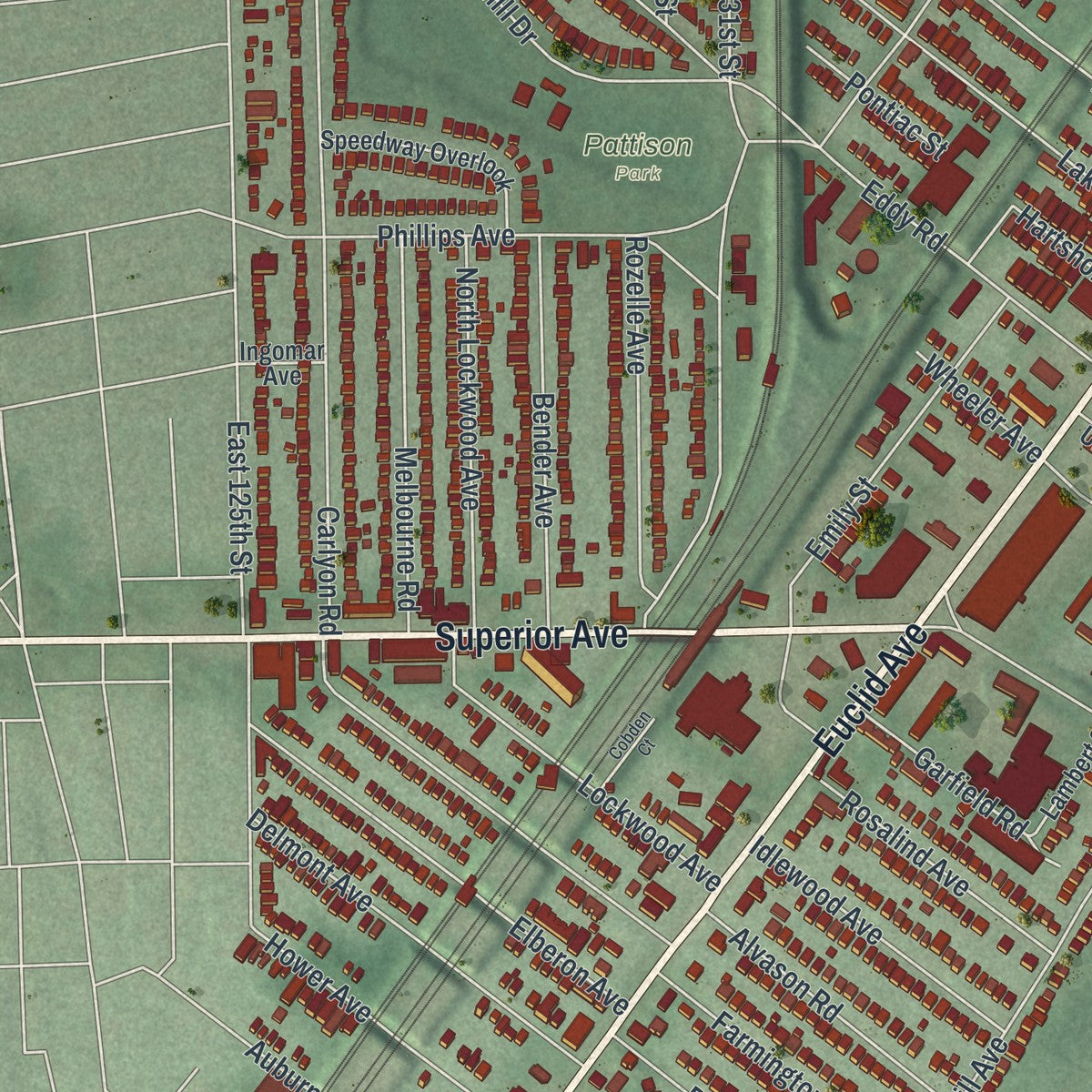 Second close-up of the map of East Cleveland, Ohio print showing more streets and buildings