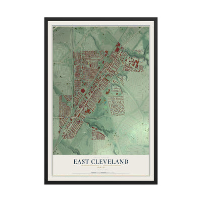 Map of East Cleveland, Ohio, 12 x 18 inch print in a black wood frame