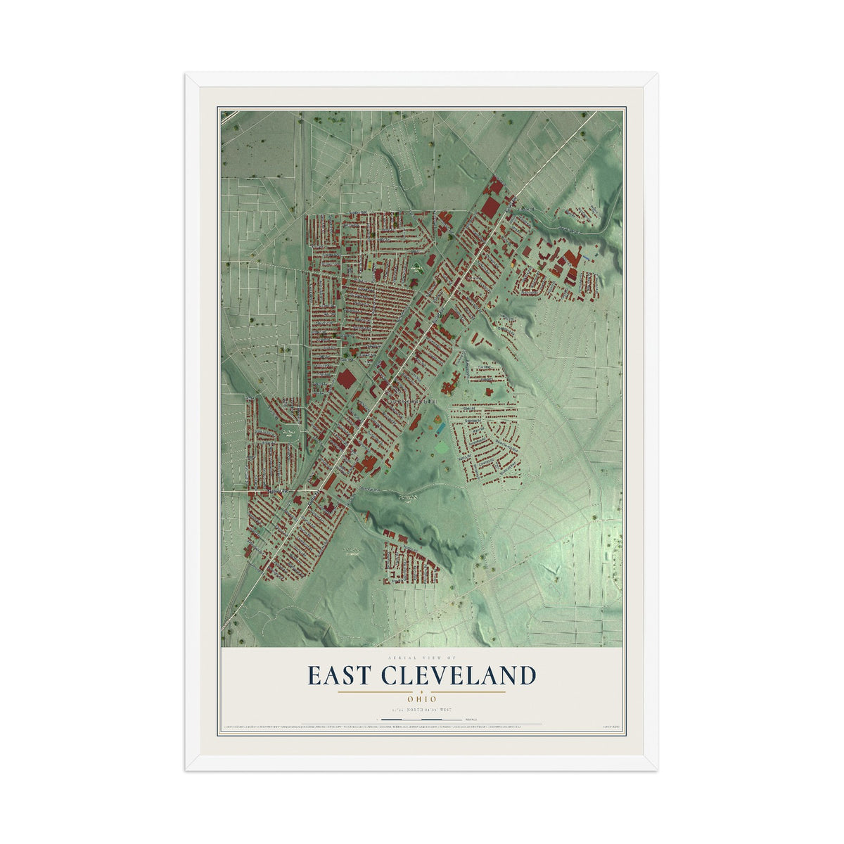 Map of East Cleveland, Ohio, 12 x 18 inch print in a white wood frame