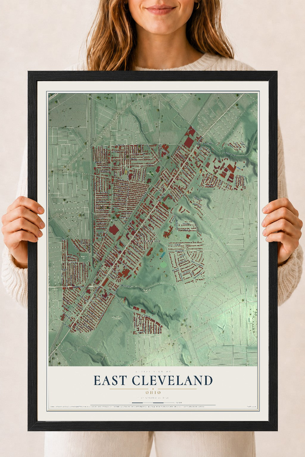 Map of East Cleveland, Ohio, 18 x 24 inch print in a black wood frame
