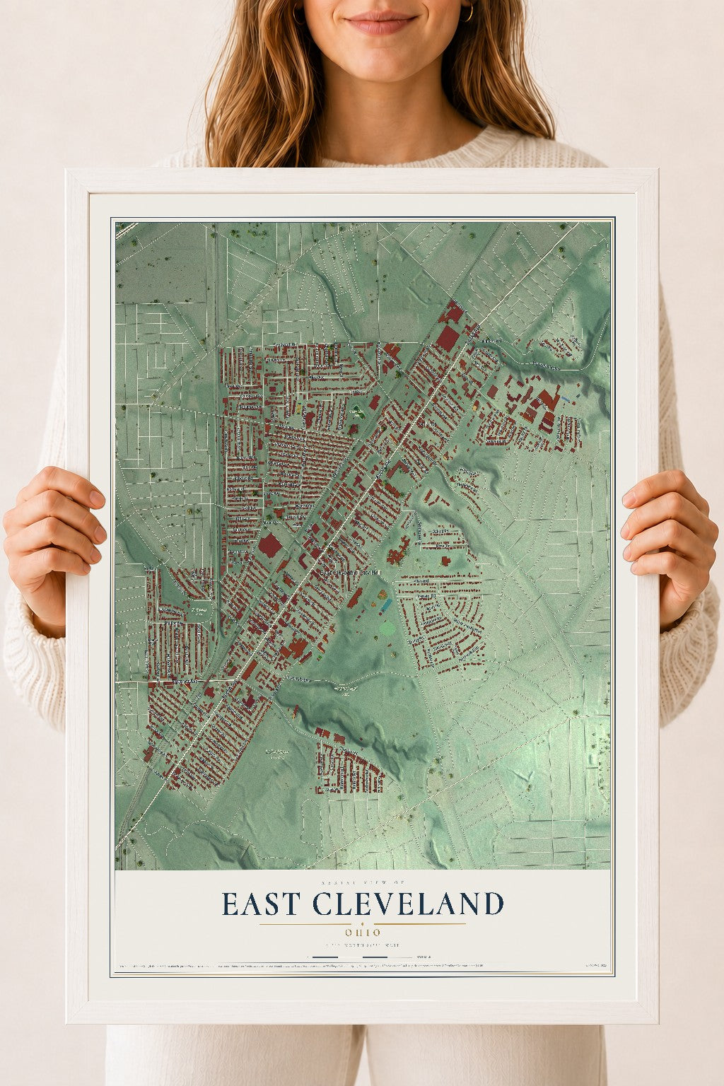 Map of East Cleveland, Ohio, 18 x 24 inch print in a white wood frame