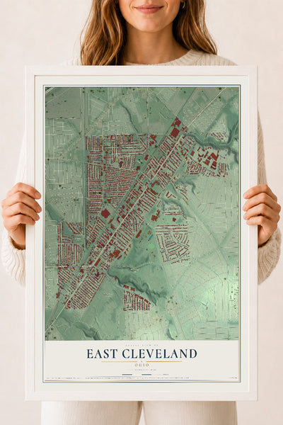 Map of East Cleveland, Ohio, 18 x 24 inch print in a white wood frame