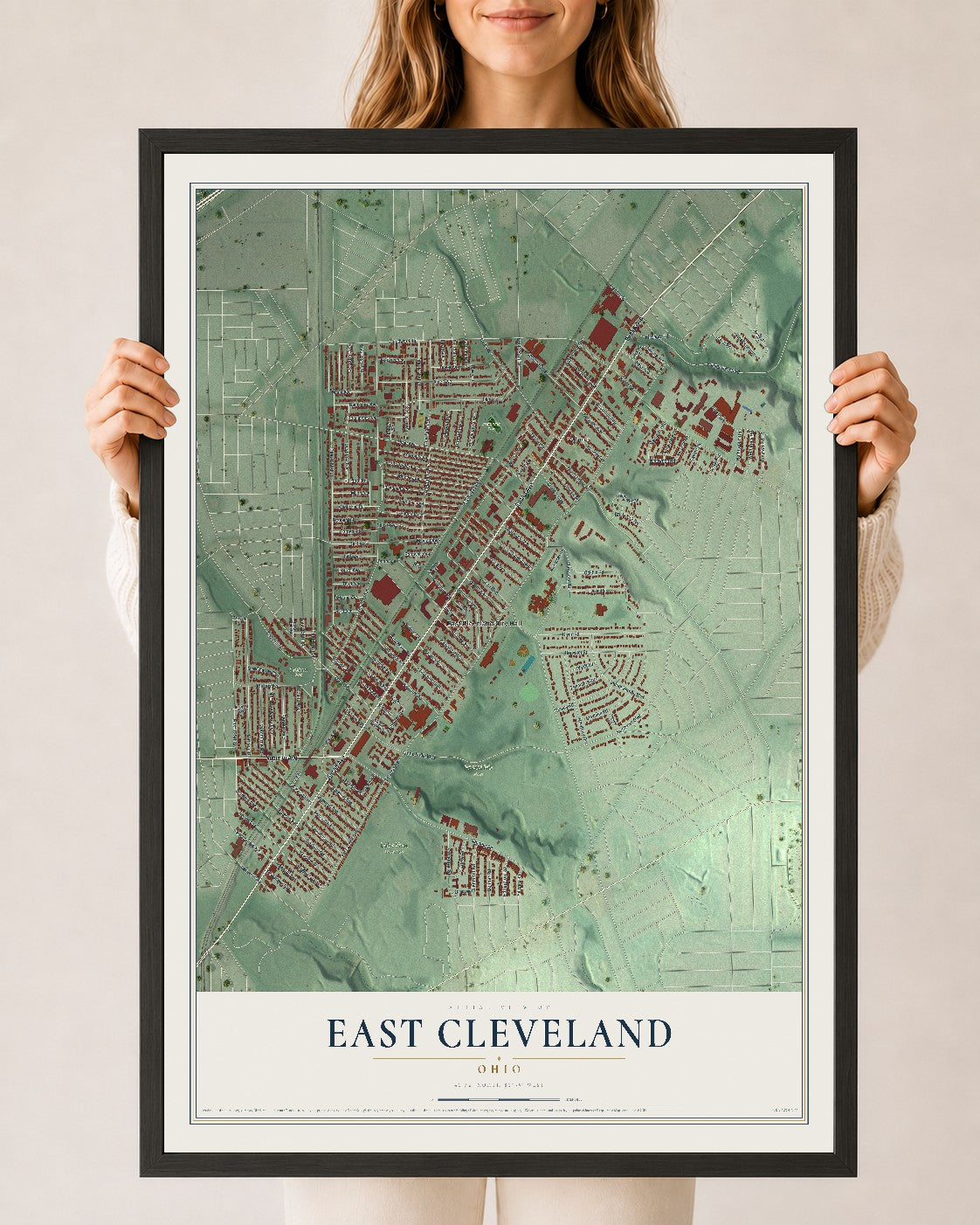 Map of East Cleveland, Ohio, 24 x 36 inch print in a black wood frame