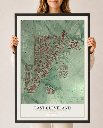 Map of East Cleveland, Ohio, 24 x 36 inch print in a black wood frame