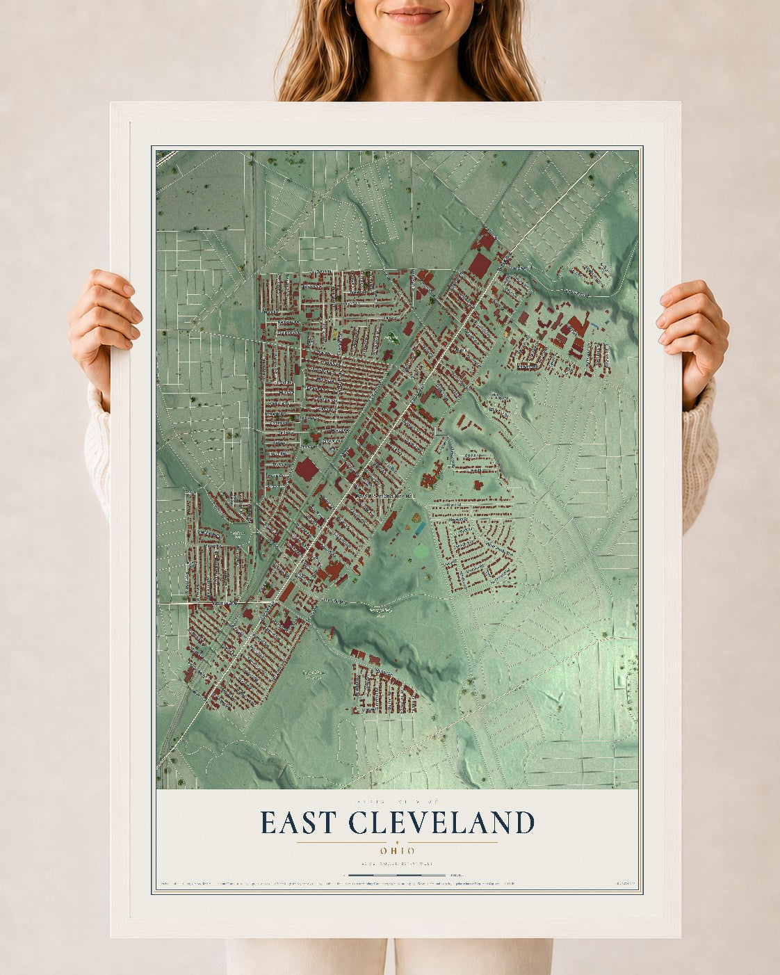 Map of East Cleveland, Ohio, 24 x 36 inch print in a white wood frame