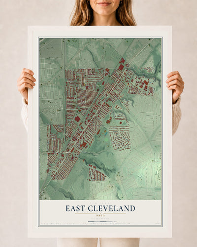 Map of East Cleveland, Ohio, 24 x 36 inch print in a white wood frame