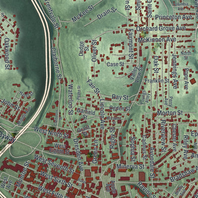Close-up of the map of East Liverpool, Ohio print showing street and building detail