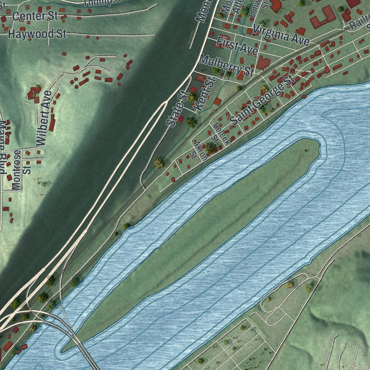 Second close-up of the map of East Liverpool, Ohio print showing more streets and buildings