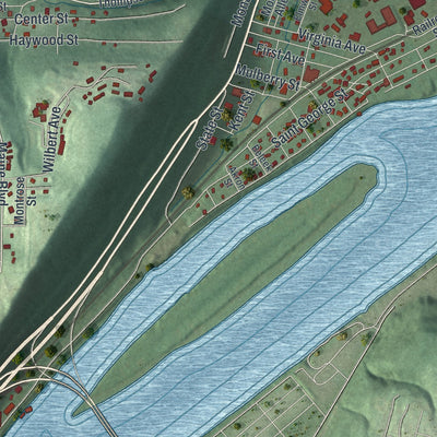 Second close-up of the map of East Liverpool, Ohio print showing more streets and buildings