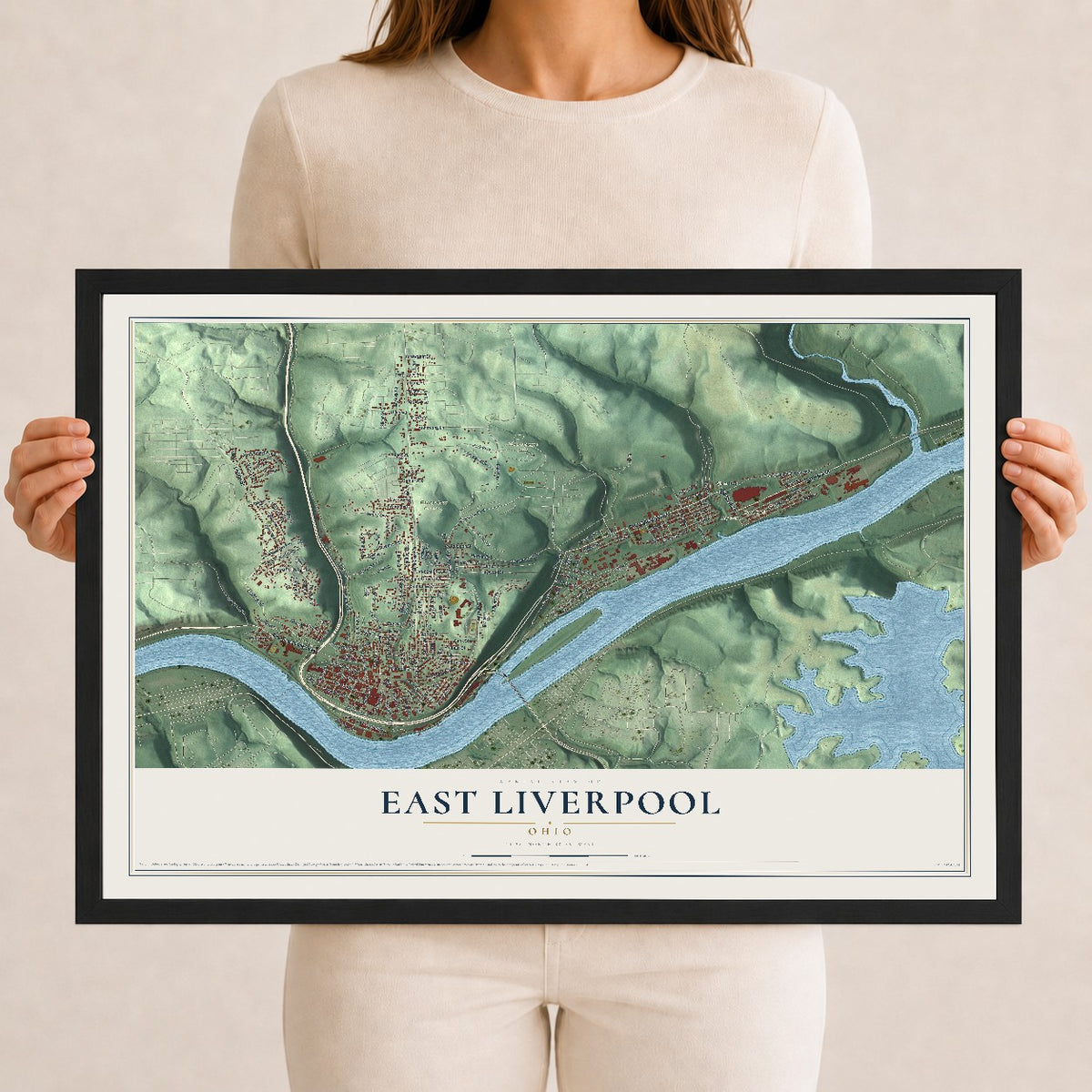 Map of East Liverpool, Ohio, 12 x 18 inch print in a black wood frame