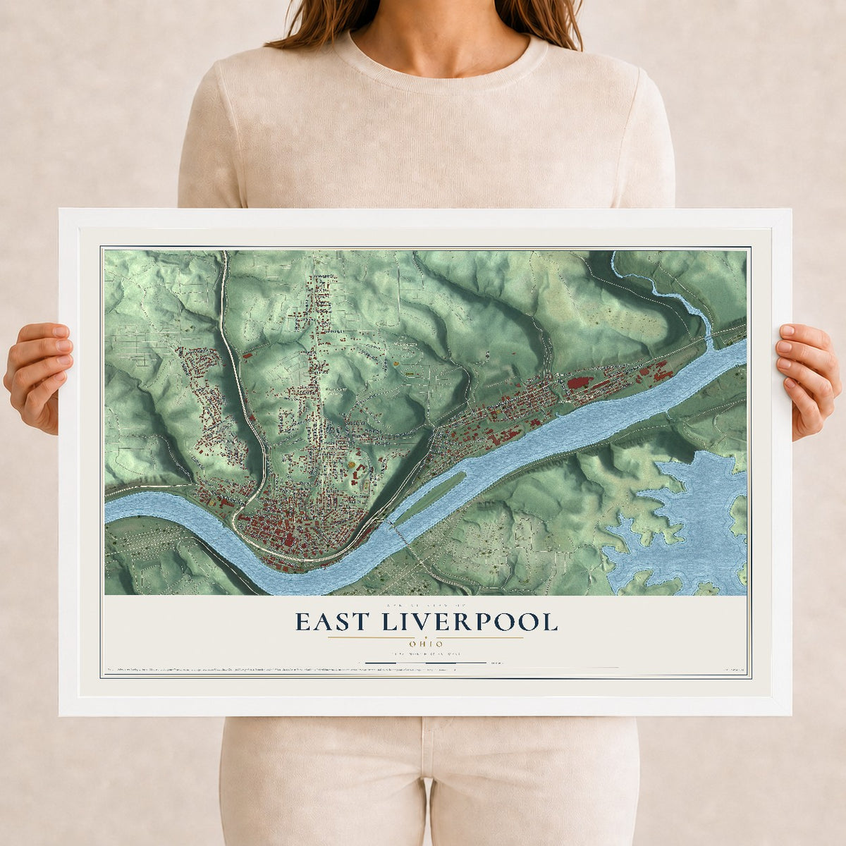 Map of East Liverpool, Ohio, 12 x 18 inch print in a white wood frame