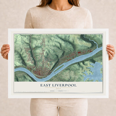 Map of East Liverpool, Ohio, 12 x 18 inch print in a white wood frame