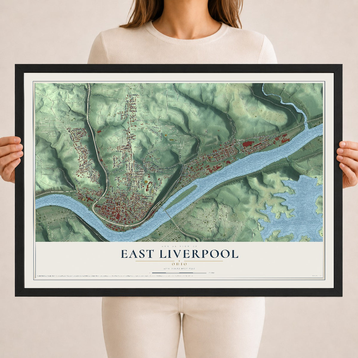 Map of East Liverpool, Ohio, 18 x 24 inch print in a black wood frame