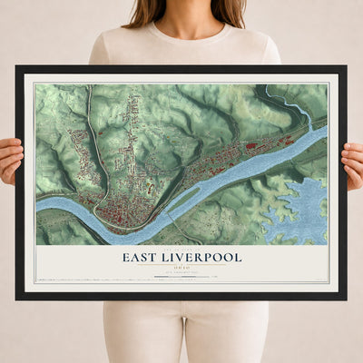Map of East Liverpool, Ohio, 18 x 24 inch print in a black wood frame