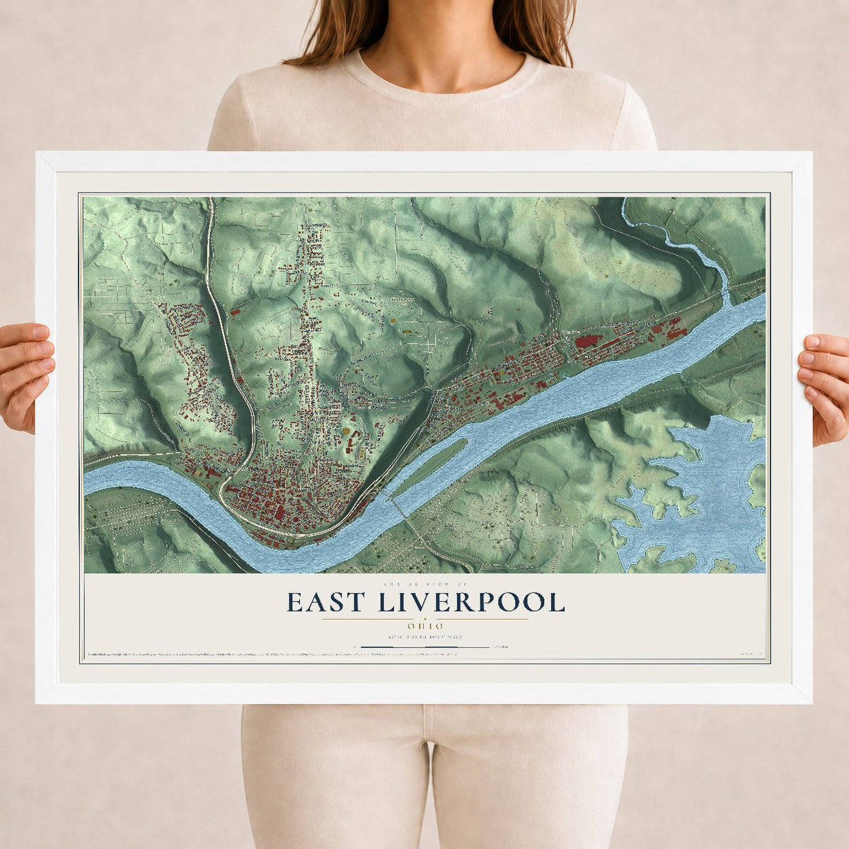 Map of East Liverpool, Ohio, 18 x 24 inch print in a white wood frame