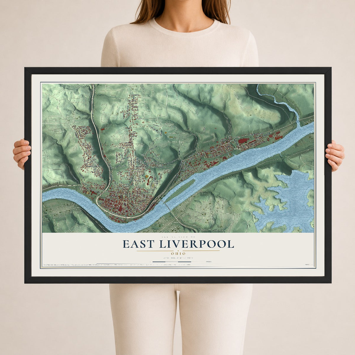 Map of East Liverpool, Ohio, 24 x 36 inch print in a black wood frame