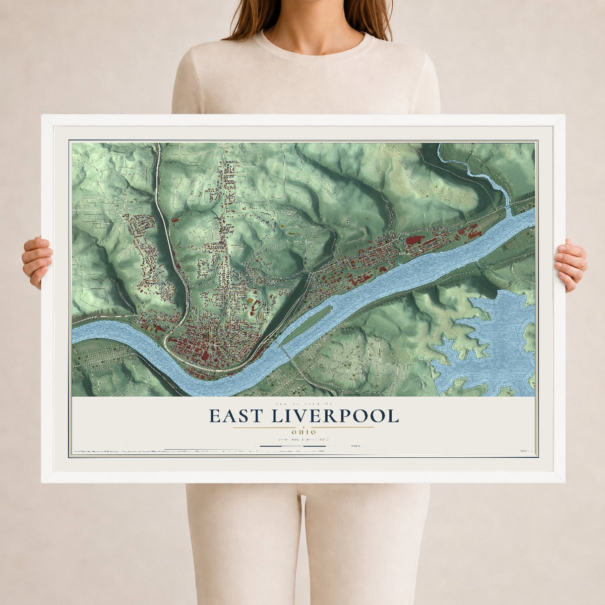 Map of East Liverpool, Ohio, 24 x 36 inch print in a white wood frame