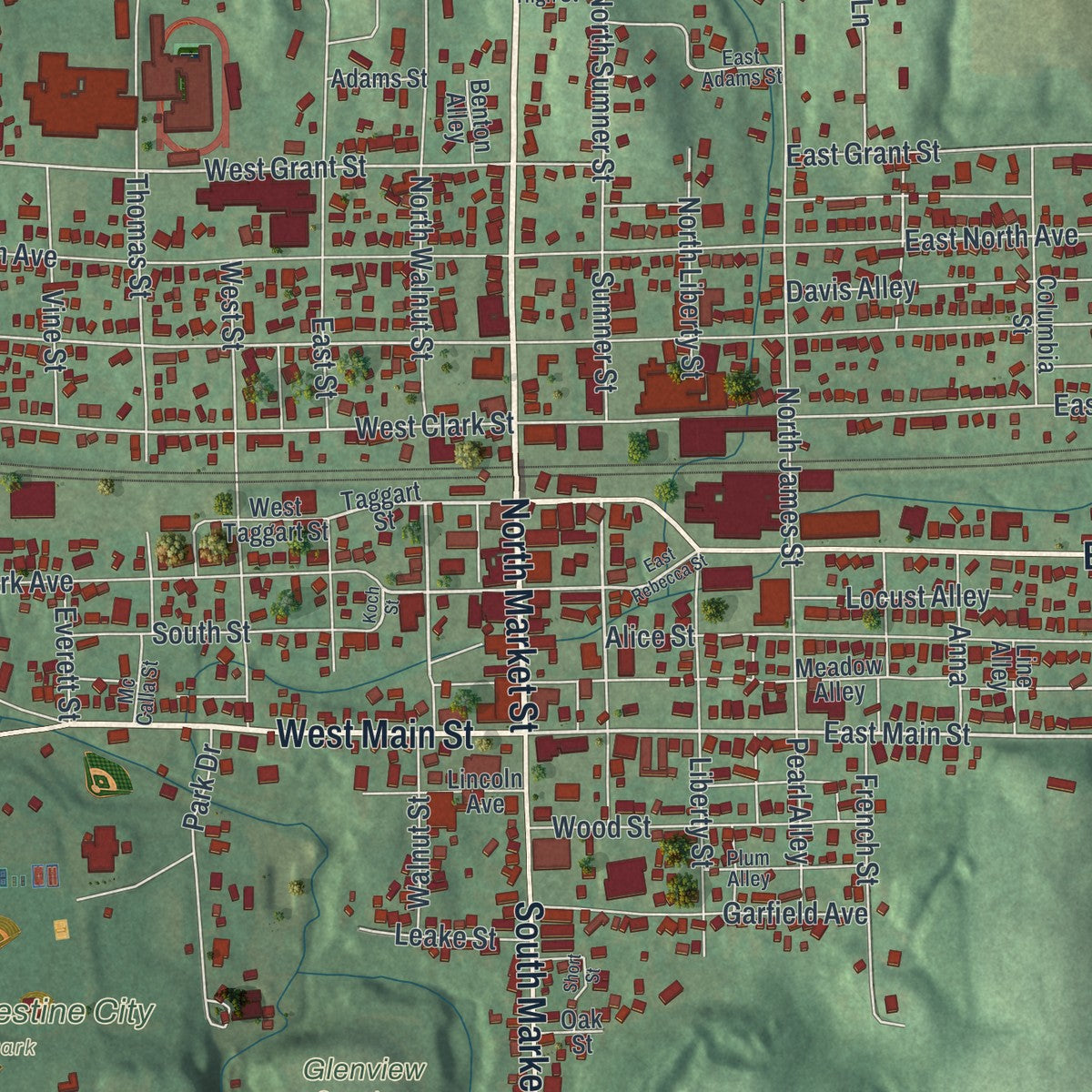 Close-up of the map of East Palestine, Ohio print showing street and building detail