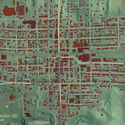 Close-up of the map of East Palestine, Ohio print showing street and building detail