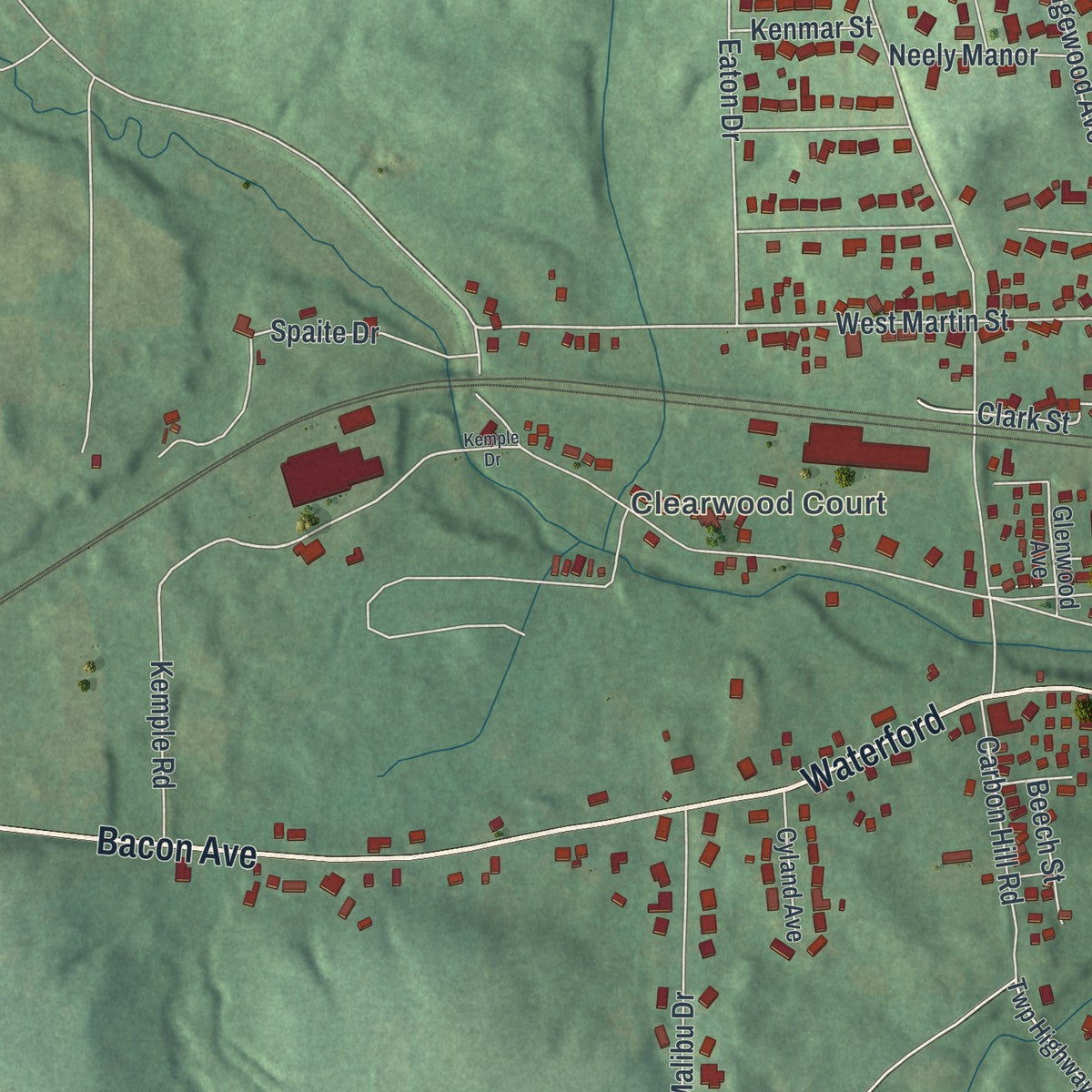 Second close-up of the map of East Palestine, Ohio print showing more streets and buildings
