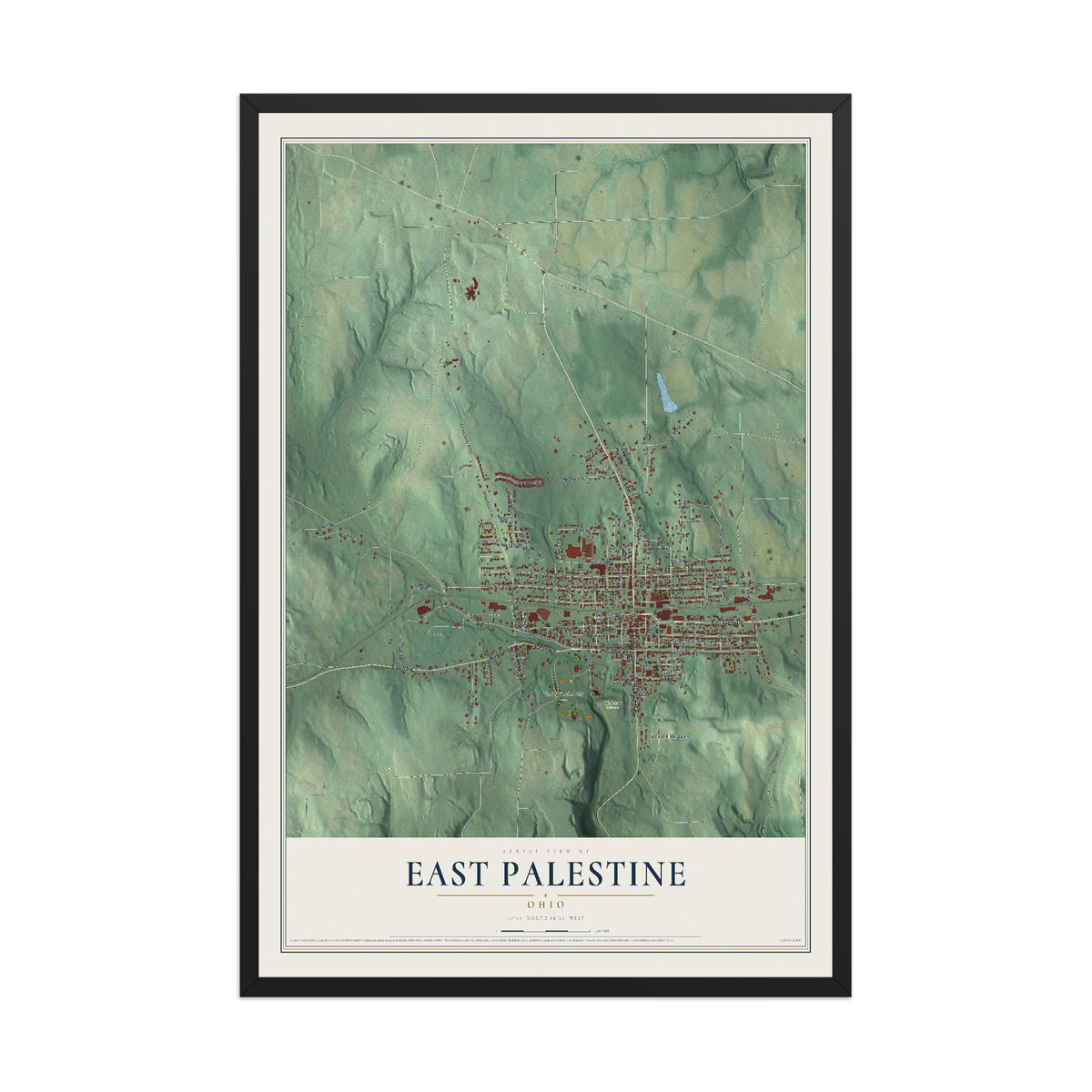 Map of East Palestine, Ohio, 12 x 18 inch print in a black wood frame