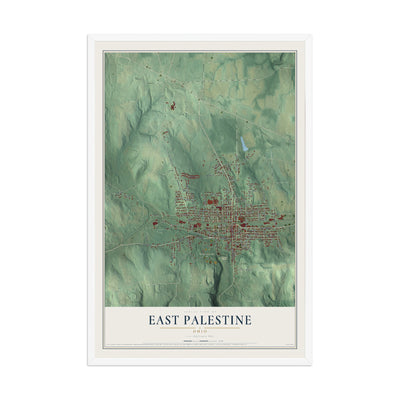 Map of East Palestine, Ohio, 12 x 18 inch print in a white wood frame