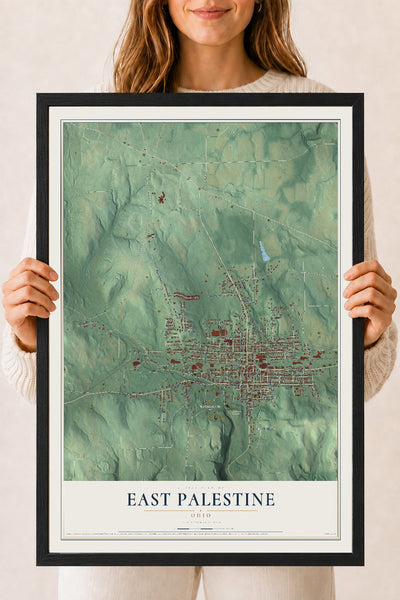 Map of East Palestine, Ohio, 18 x 24 inch print in a black wood frame