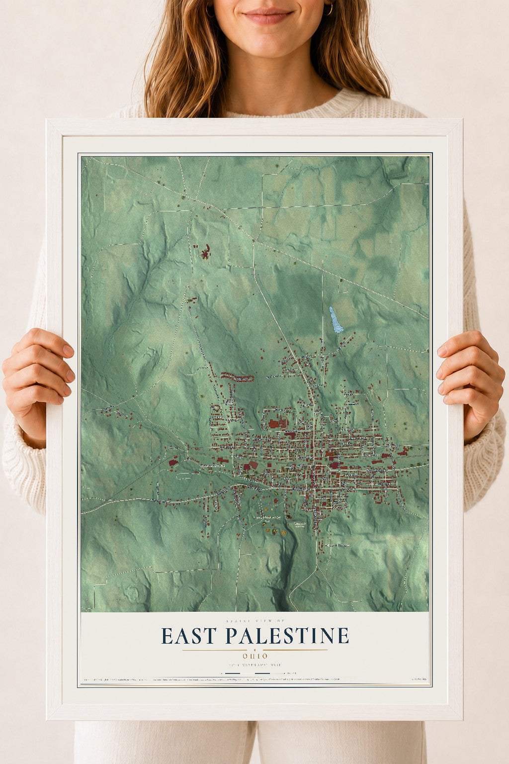 Map of East Palestine, Ohio, 18 x 24 inch print in a white wood frame