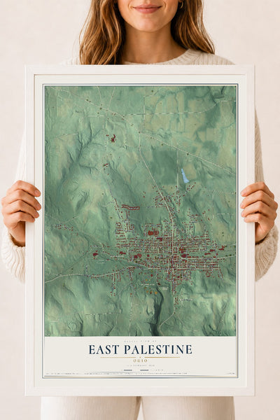 Map of East Palestine, Ohio, 18 x 24 inch print in a white wood frame