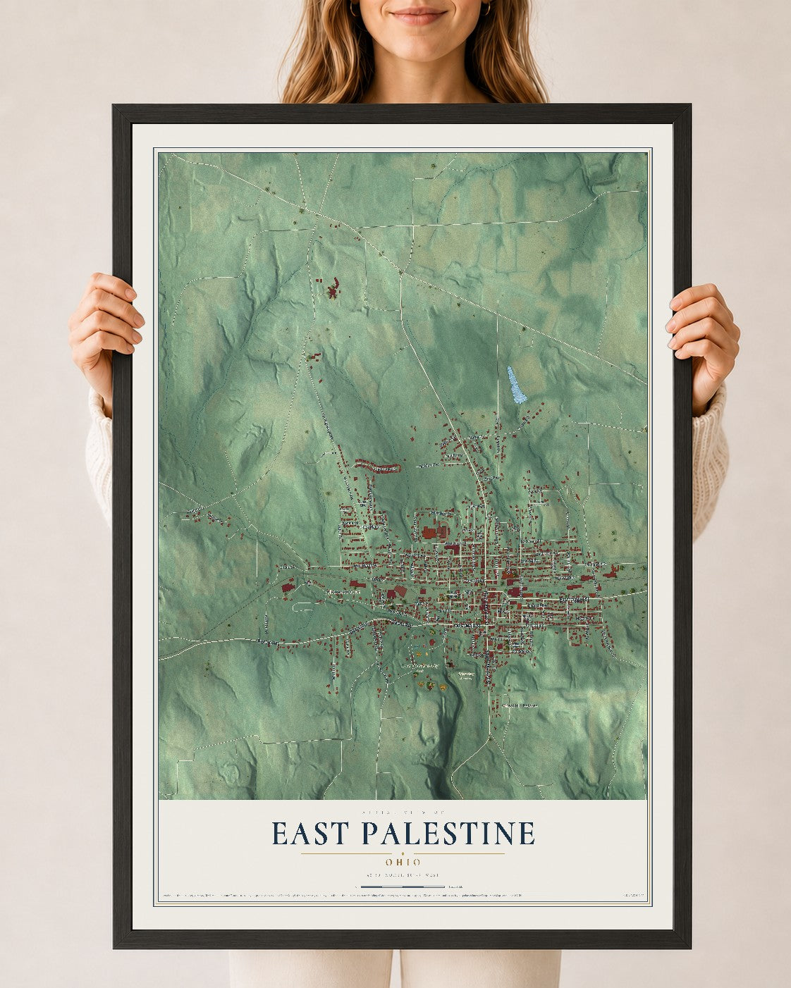 Map of East Palestine, Ohio, 24 x 36 inch print in a black wood frame