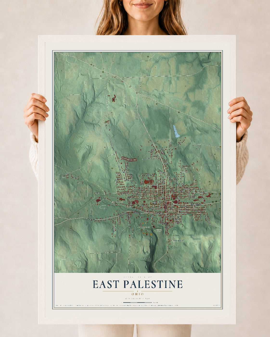 Map of East Palestine, Ohio, 24 x 36 inch print in a white wood frame