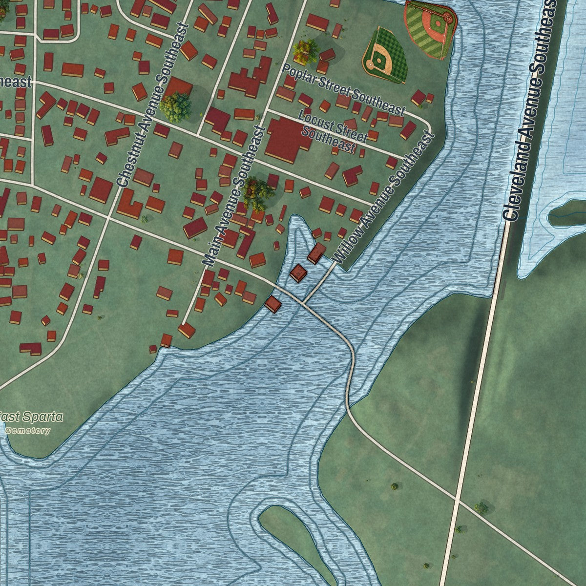Close-up of the map of East Sparta, Ohio print showing street and building detail