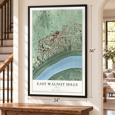 East Walnut Hills, Ohio map, 24 x 36 inch print in a black frame by a staircase