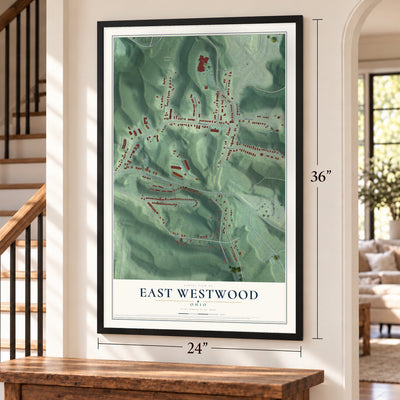East Westwood, Ohio map, 24 x 36 inch print in a black frame by a staircase