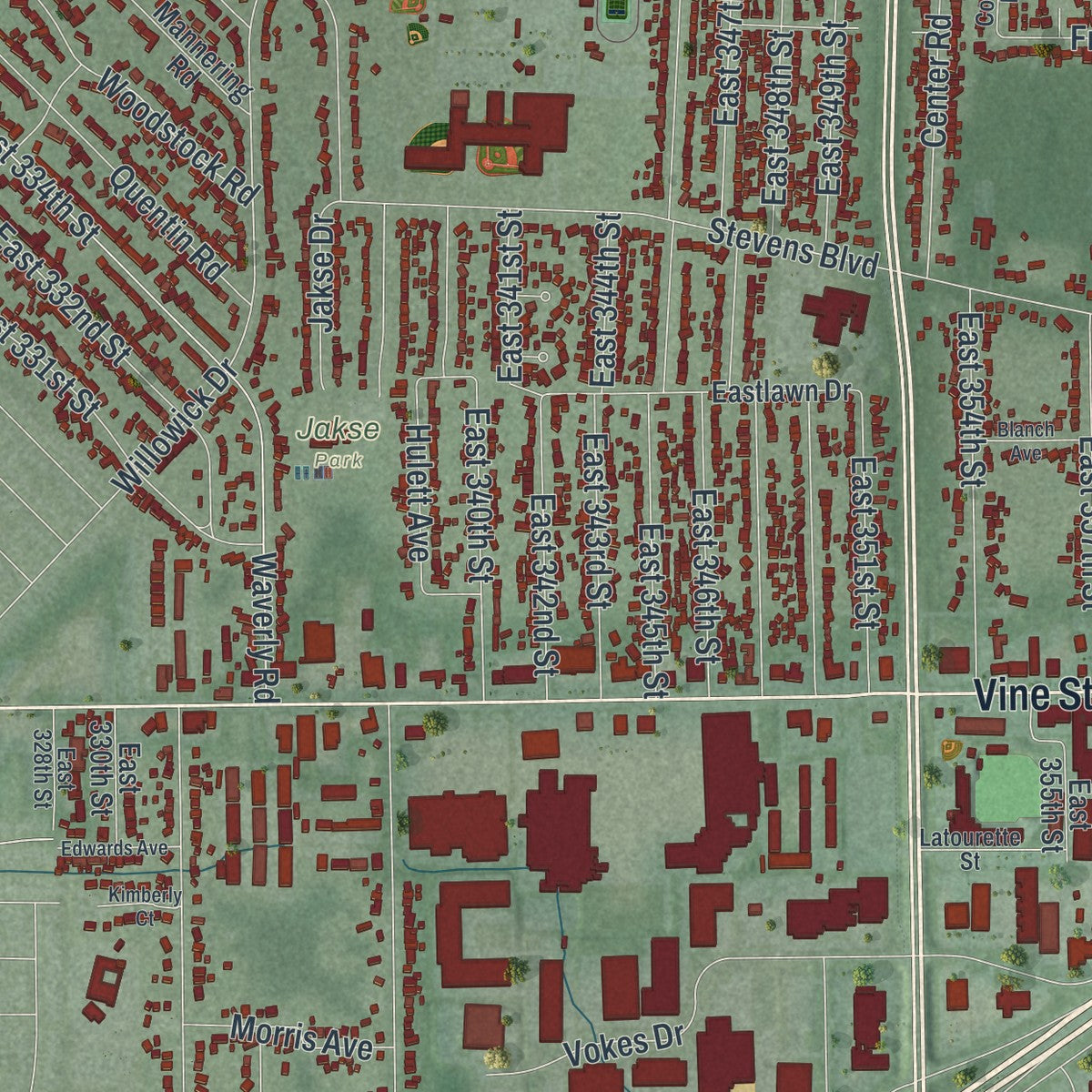 Close-up of the map of Eastlake, Ohio print showing street and building detail