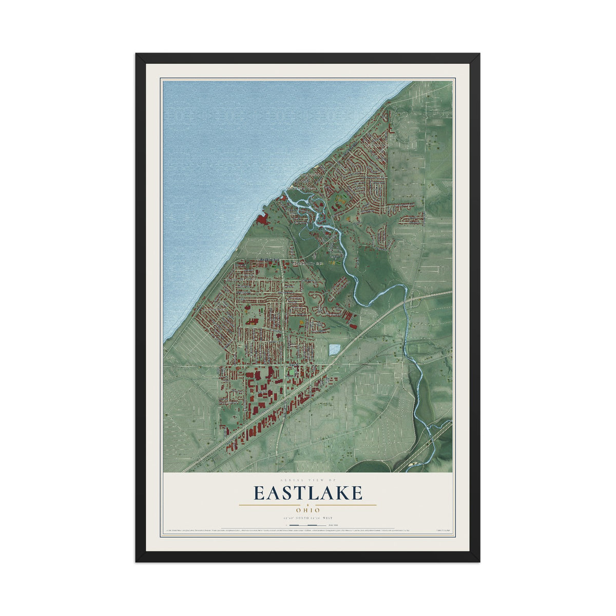 Map of Eastlake, Ohio, 12 x 18 inch print in a black wood frame