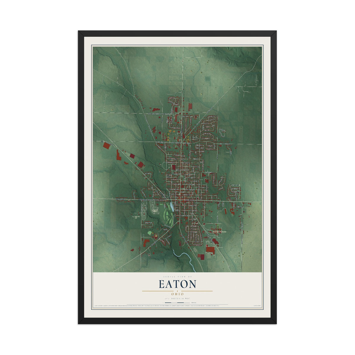 Map of Eaton, Ohio, 12 x 18 inch print in a black wood frame