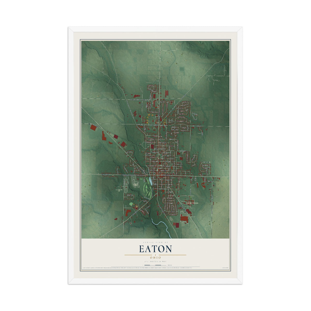 Map of Eaton, Ohio, 12 x 18 inch print in a white wood frame