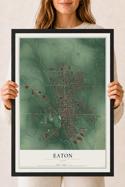 Map of Eaton, Ohio, 18 x 24 inch print in a black wood frame