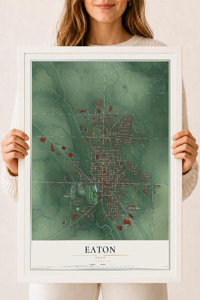 Map of Eaton, Ohio, 18 x 24 inch print in a white wood frame
