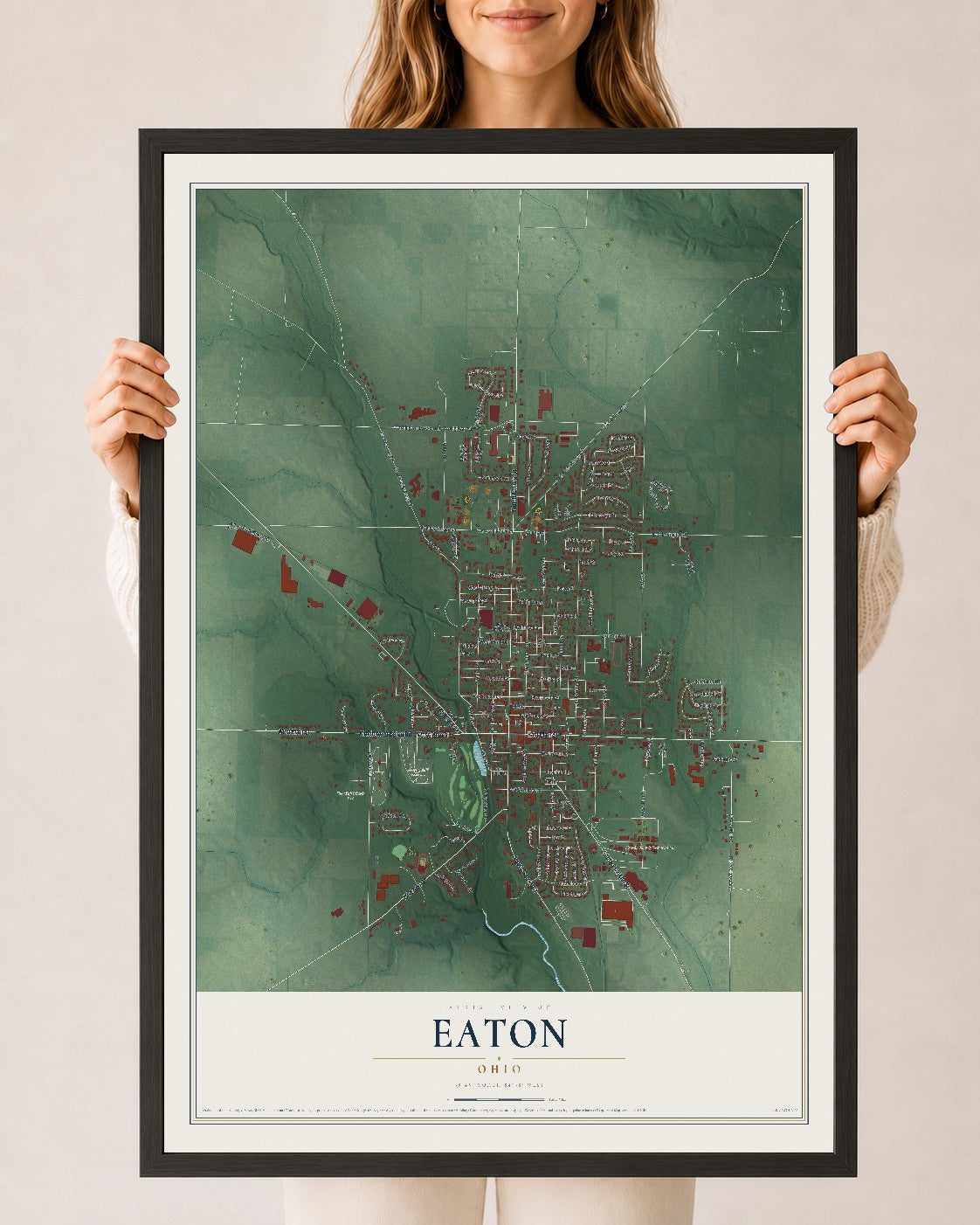 Map of Eaton, Ohio, 24 x 36 inch print in a black wood frame