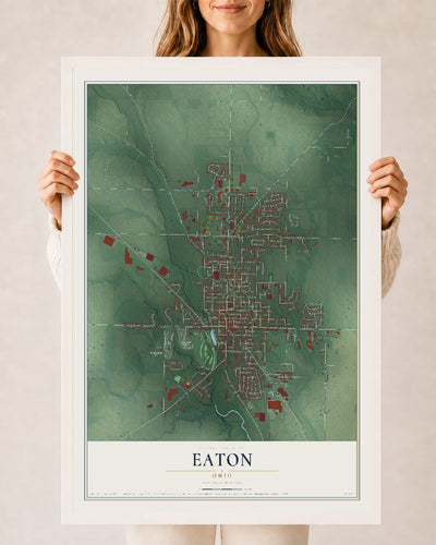 Map of Eaton, Ohio, 24 x 36 inch print in a white wood frame