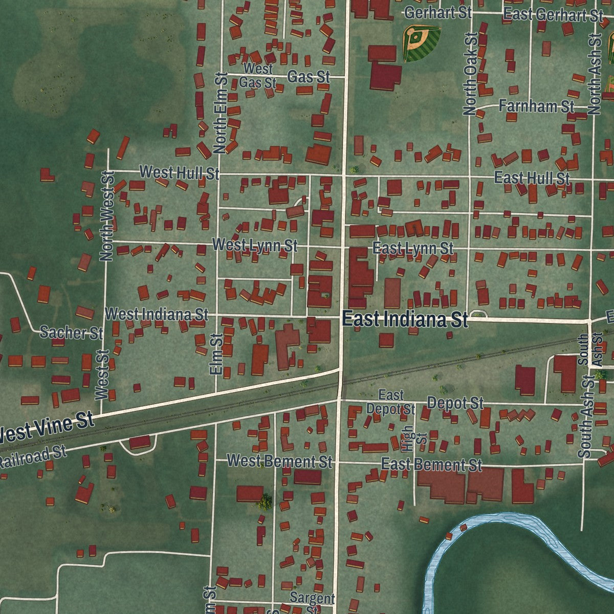 Close-up of the map of Edgerton, Ohio print showing street and building detail