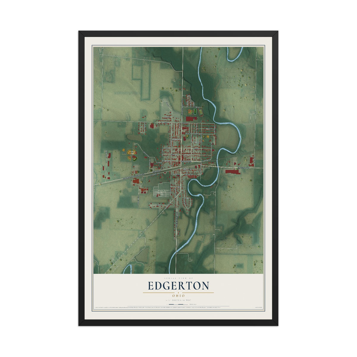 Map of Edgerton, Ohio, 12 x 18 inch print in a black wood frame