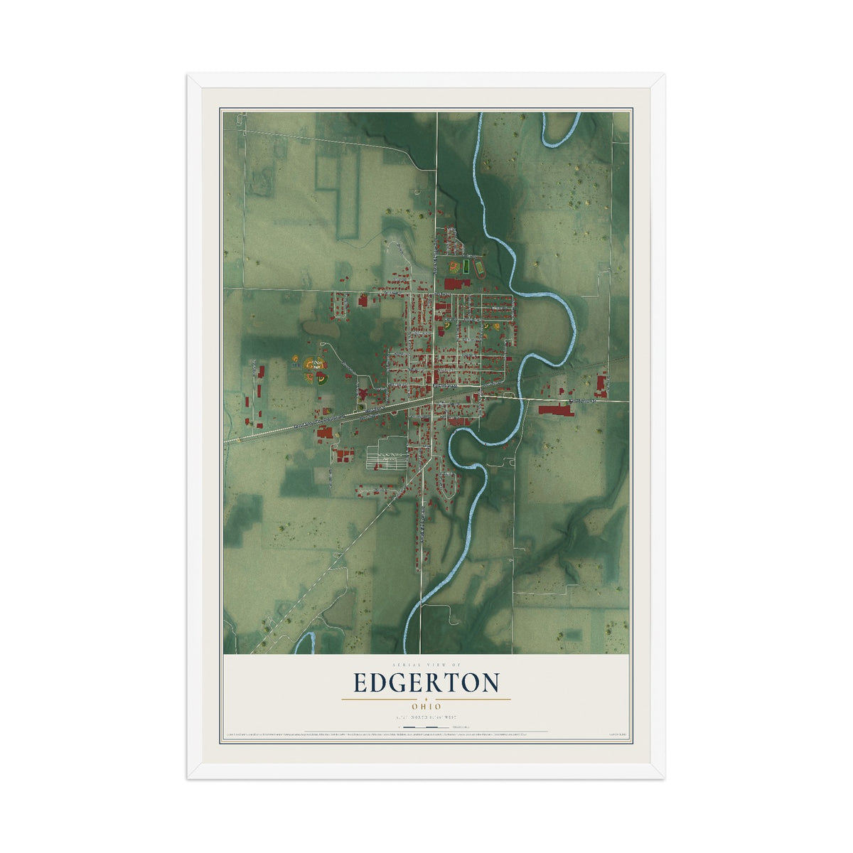 Map of Edgerton, Ohio, 12 x 18 inch print in a white wood frame