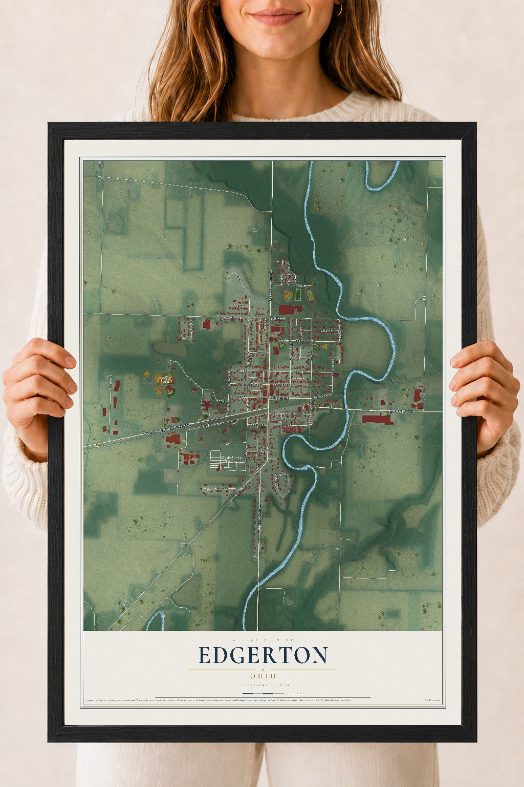 Map of Edgerton, Ohio, 18 x 24 inch print in a black wood frame