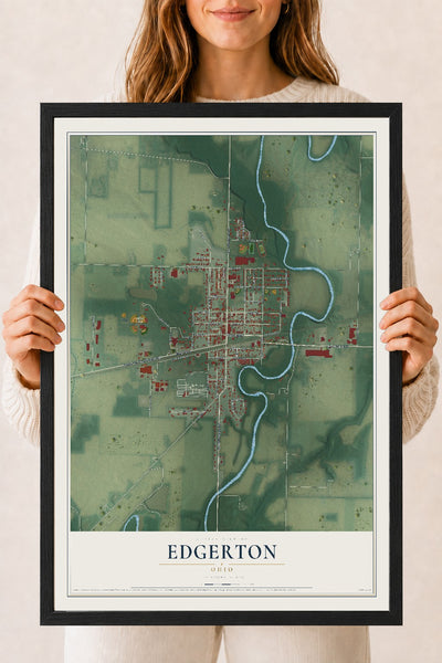 Map of Edgerton, Ohio, 18 x 24 inch print in a black wood frame