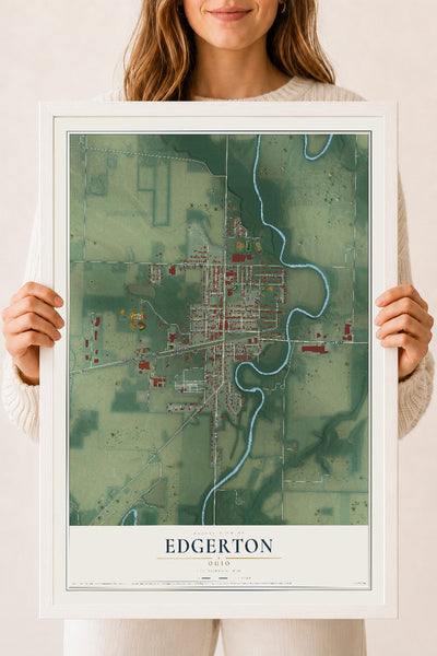 Map of Edgerton, Ohio, 18 x 24 inch print in a white wood frame