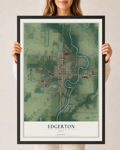 Map of Edgerton, Ohio, 24 x 36 inch print in a black wood frame